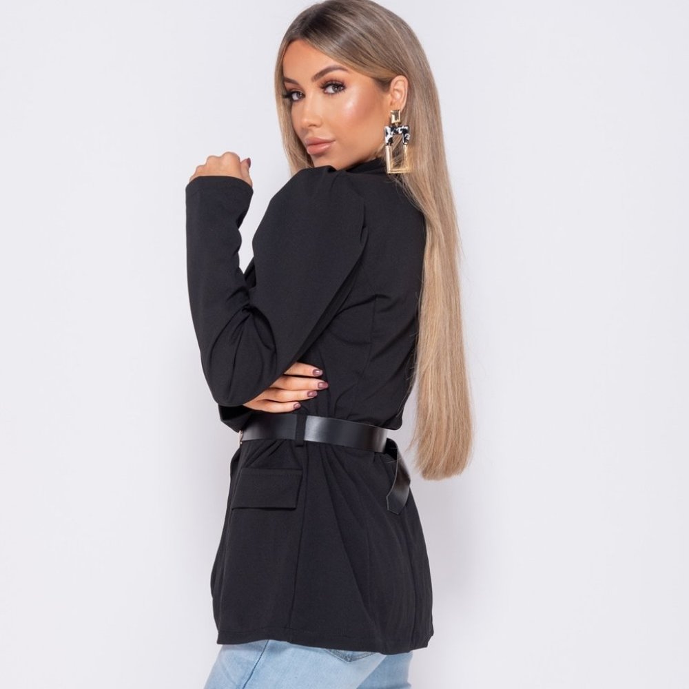LAST 1 Black Long Puff Sleeve Belted Blazer Jacket - Picture 5 of 8